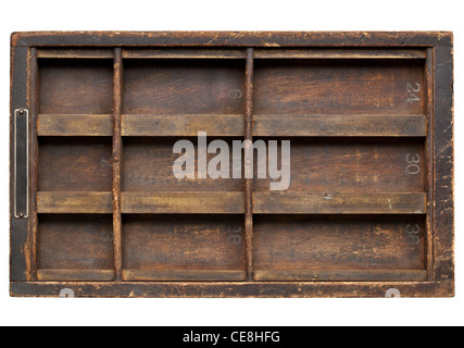 vintage wood printer (typesetter) drawer with dividers, isolated on white Stock Photo