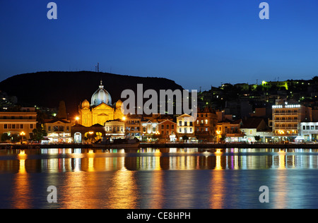 Partial night view of the port of Mytilene town, capital of Lesvos island, Northern Aegean, Greece. Stock Photo