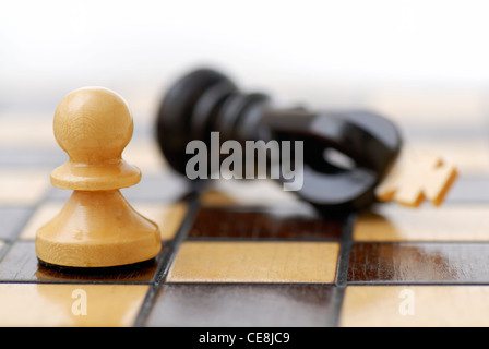 White Pawn standing over defeated black King. Class Struggle. Stock Photo