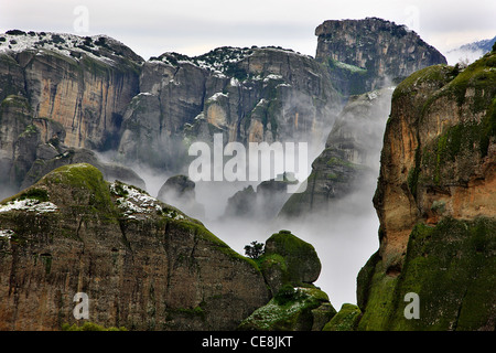 Spectacular wintry view of the 'suspended' landscape of Meteora, Trikala, Thessaly, Greece Stock Photo