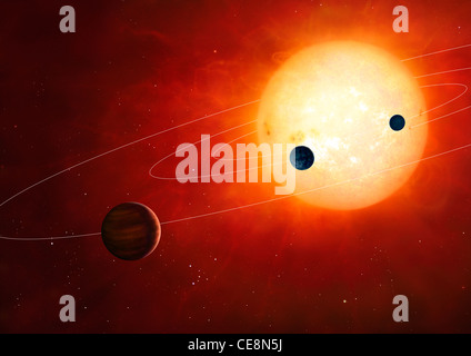 Artwork hypothetical planetary system around sun-like star The planetary system includes rocky gaseous planets in tight orbits. Stock Photo
