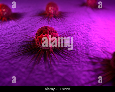 Cancer cells, computer artwork. The uneven surface and cytoplasmic projections are characteristic of cancer cells. Stock Photo