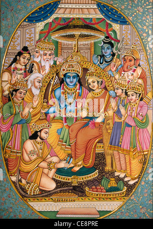 Ram Darbar with Gods Shiva Parwati Ganesh Brahma Hanuman Sita Lakshman , Miniature Painting on Paper , India Stock Photo