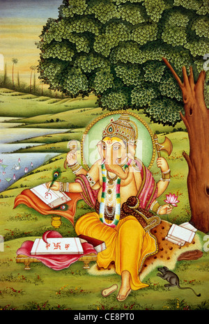 Lord Ganesh ganpati writing scriptures sitting under tree near pond in indian Miniature Painting on Paper india Stock Photo