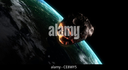 Asteroid approaching Earth. Computer artwork of an asteroid entering Earth's atmosphere. Stock Photo