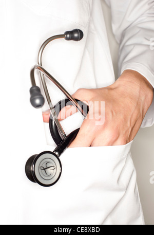 MODEL RELEASED. Stethoscope in a doctor's pocket. Stock Photo