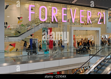 Forever 21 American chain clothing retail store shop front in Westfield shopping centre shopping mall Westfield Stratford City Newham East London UK Stock Photo