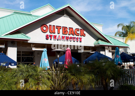 Exterior and outdoor patio area at the Outback Steakhouse in Rainbow Harbor Long Beach California. USA Stock Photo