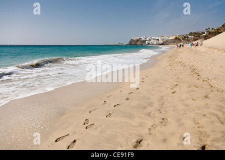 The beach with footprints in the sand at Jandia, , Fuerteventura, Spain Stock Photo