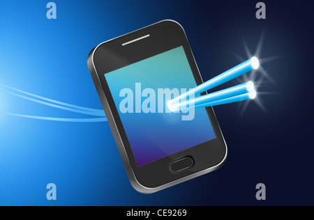 Illustration depicting a telecommunications device with illuminated fiber optic strands. Stock Photo