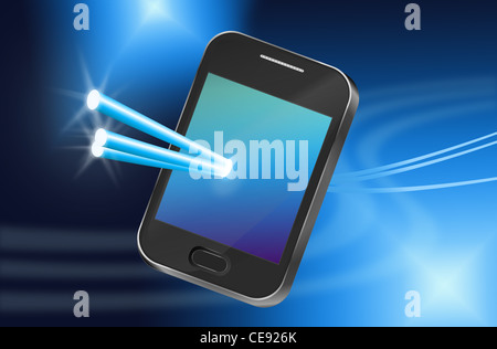 Illustration depicting a telecommunications device with illuminated fiber optic strands Stock Photo