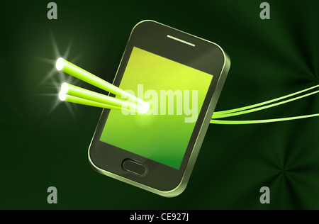 Illustration depicting a telecommunications device with illuminated fiber optic strands. Stock Photo