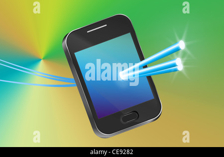 Illustration depicting a telecommunications device with illuminated fiber optic strands. Stock Photo