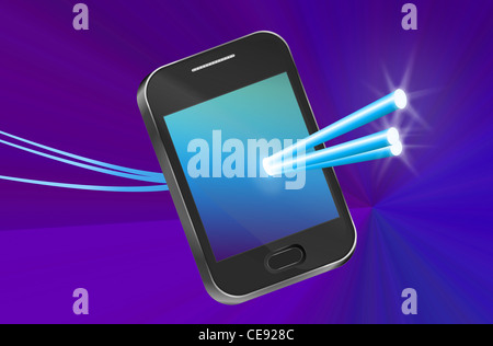 Illustration depicting a telecommunications device with illuminated fiber optic strands over blue. Stock Photo