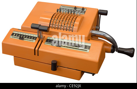 Old orange manual calculator isolated with clipping path Stock Photo