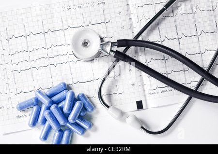 ECG diagram, stethoscope and some blue pills Stock Photo