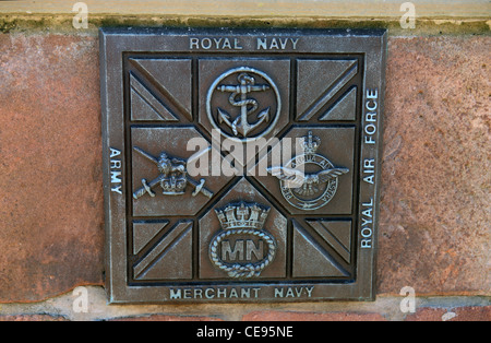 Plaque depicting the UK forces, Army, Royal Navy, Royal Air Force and the Merchant Navy Stock Photo