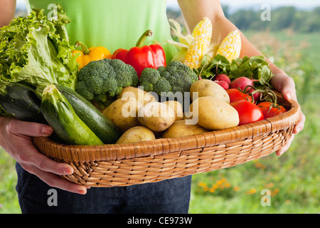 USA, Illinois, Metamora, midsection of woman holding freshly harvested vegetables Stock Photo