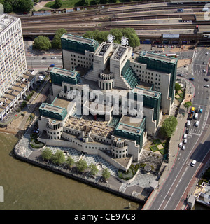 Aerial photograph of The SIS Building (the MI6 building) in Vauxhall, London on the south bank of the Thames Stock Photo