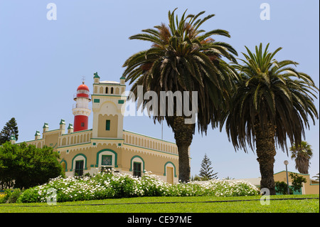 Kaiserliches Bezirksgericht (State House)and Lighthouse. Swakopmund, Namibia. Stock Photo