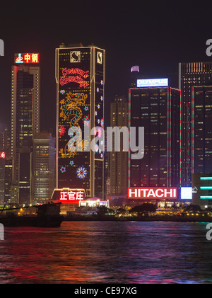 dh Hong Kong Harbour WAN CHAI HONG KONG Hong Kong harbour Christmas lights Wanchai waterfront night lighting Stock Photo