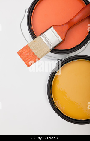 Studio shot of paint brush on paint cans Stock Photo