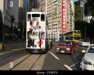 dh  CAUSEWAY BAY HONG KONG White Hong Kong Tram and red taxi traffic transportation road island trams