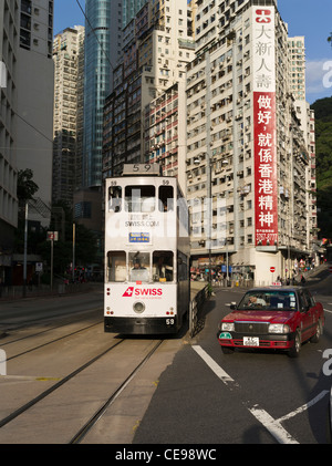 dh  CAUSEWAY BAY HONG KONG White Hong Kong Tram and red taxi cab road Stock Photo