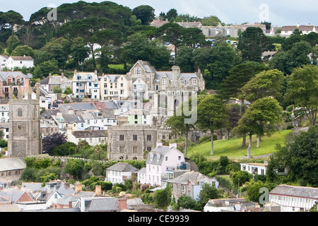 View from Hall Walk towards Fowey, Parish Church to the left and Place House to the right of the Church, Fowey Hall Hotel centre Stock Photo