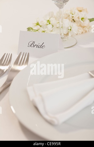 Close-up of table setting for bride Stock Photo