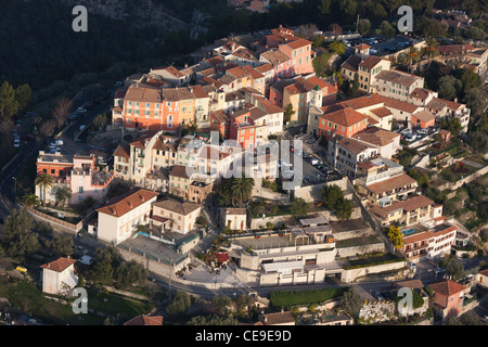 AERIAL VIEW. Hilltop medieval village. Falicon, Nice, French Riviera, France. Stock Photo