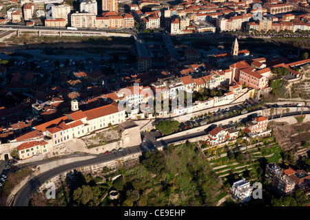 AERIAL VIEW. Perched medieval village. Ventimiglia Alta, Italian Riviera, Province of Imperia, Liguria, Italy. Stock Photo