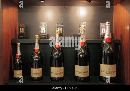 The Moet et Chandon Imperial Champagne range on display at the Moet et Chandon Cellars, Epernay, France. ISO800 Stock Photo