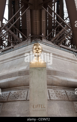 The bust commemorative of Eiffel, on the base of the Eiffel tower in Paris Stock Photo