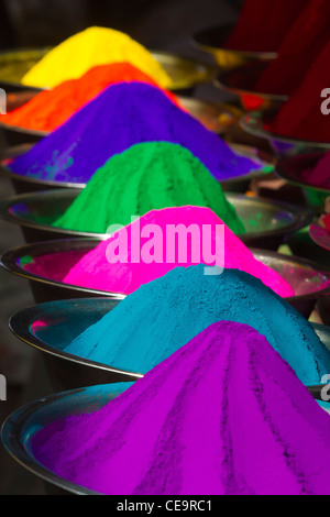 Powdered dyes in various colours for sale at the Devaraja Market in Mysore, Karnataka, India Stock Photo