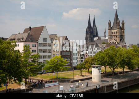 Churches Great St. Martin and Dom, Cologne, Rhineland, North Rhine-Westphalia, Germany, Europe Stock Photo