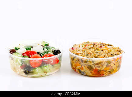 Healthy Greek Salad In Plastic Package For Take Away Or Food Delivery On A  White Marble Background Stock Photo - Download Image Now - iStock