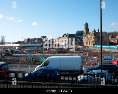 Construction of the new tram system at the old Mumps Bridge, Oldham, Lancashire, England, UK. Stock Photo