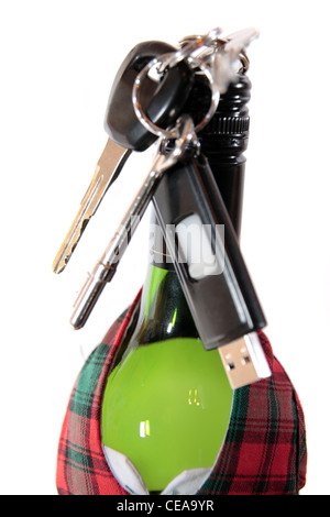 bottle dressed in jacket warmer with keys and alcohol on white background depicting drunk driving and addictions can kill Stock Photo