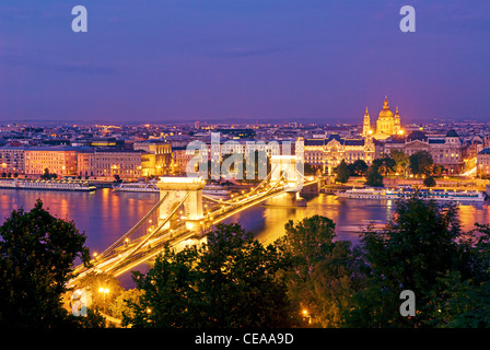 Budapest Danube River Chain Bridge Hungary Dusk Stock Photo