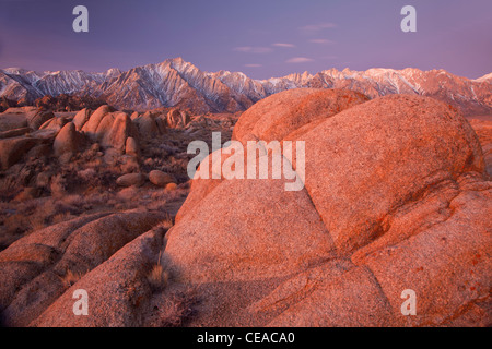 View of Lone Mountain and Mt. Whitney in the Sierra Nevada as seen from the granite rocks in the Alabama Hills, California, USA Stock Photo