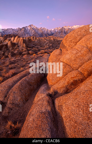 View of Lone Mountain and Mt. Whitney in the Sierra Nevada as seen from the granite rocks in the Alabama Hills, California, USA Stock Photo