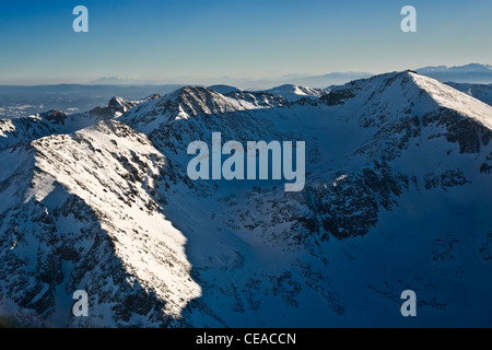 Aerial view of Mussala circus, Peak Mussala and Meteo station in the right side, The highest point in Balkan Peninsula, Rila mountain Stock Photo