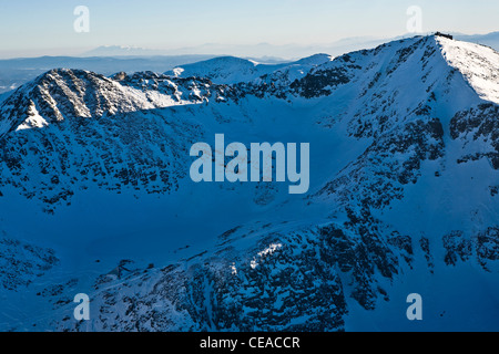 Aerial view of Mussala circus, Peak Mussala and Meteo station in the right side, The highest point in Balkan Peninsula, Rila mountain Stock Photo