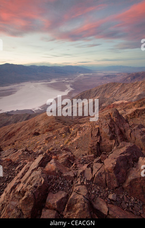 Sunset over the Badwater Salt Flats as seen from Dante's View in Death Valley National Park, California, USA Stock Photo