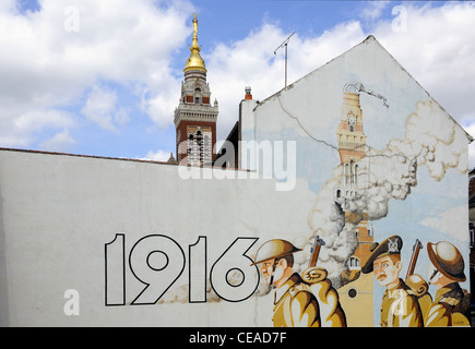 Mural on a wall in the French town of Albert, commemorating the Battle of the Somme with the Basilica Notre-Dame de Brebières Stock Photo