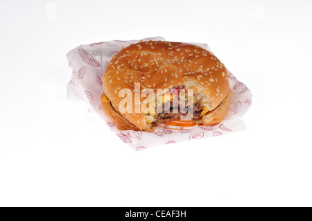 Burger King double cheeseburger with wrapper packaging on white background cutout. Stock Photo