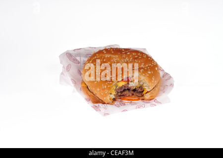 Burger King double cheeseburger with wrapper packaging on white background cutout. Stock Photo