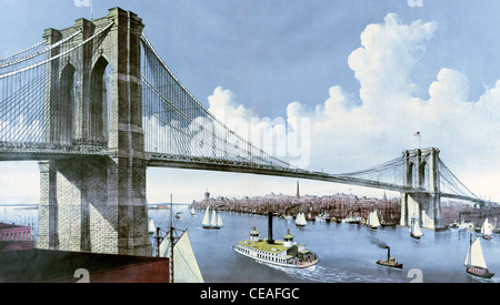 Brooklyn Bridge The great East River suspension bridge: connecting the cities of New York and Brooklyn View from Brooklyn, looking west, circa 1886 Stock Photo