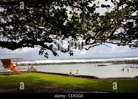 Keaukaha Beach Park is one of several popular bay-front parks in Hilo, Big island, Hawaii Stock Photo